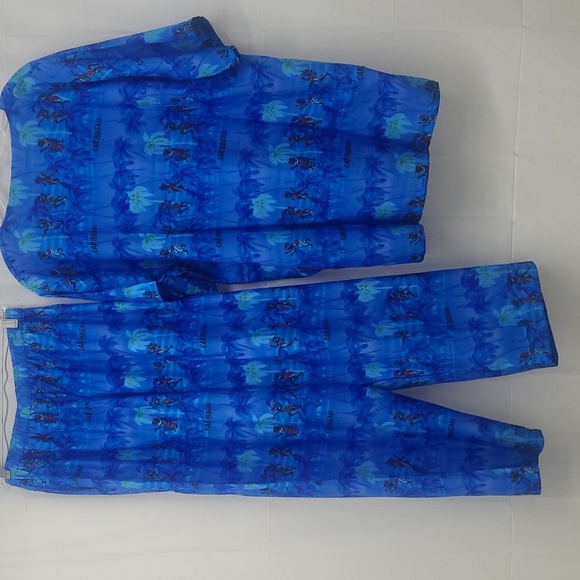 2 Piece Blue Matching Tunic & Pants Caribbean Palms & Dancers Print Resortwear - Picture 6 of 11